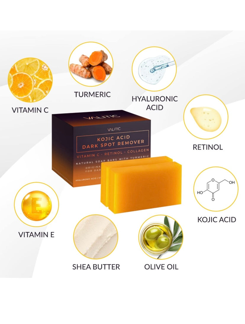 Kojic Acid Dark Spot Remover Soap Bars with Vitamin C, Retinol, Collagen, Turmeric - Original Japanese Complex Infused with Hyaluronic Acid, Vitamin E, Shea Butter, Castile Olive Oil (2 Pack)